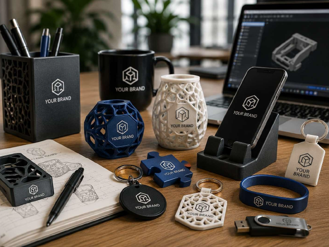 Gadget aziendali personalizzati in stampa 3D disposti su scrivania con oggetti promozionali e modello CAD