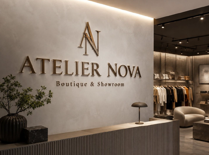 Parete interna di boutique con logo 3D personalizzato e scritta elegante illuminata da luce calda