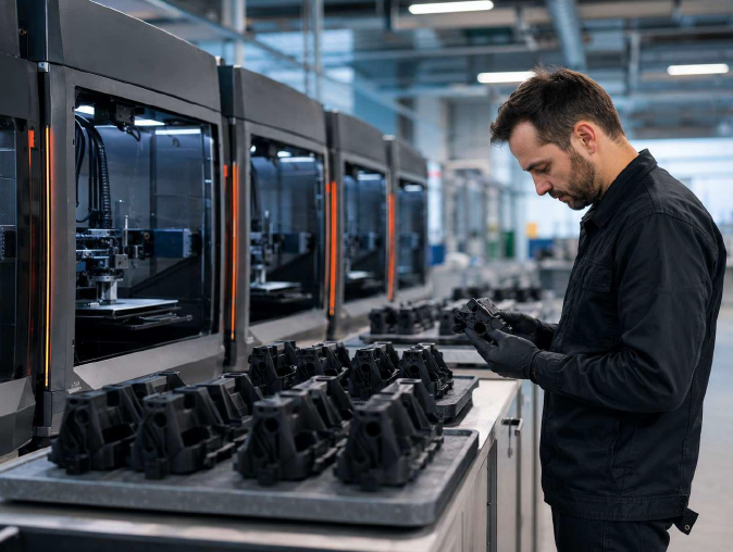 Operatore controlla componenti identici stampati in 3D davanti a una fila di stampanti professionali