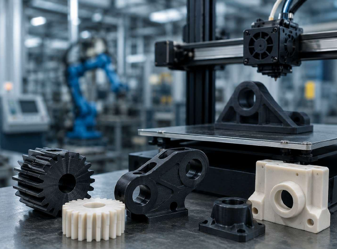 Componenti industriali stampati in 3D su banco tecnico con stampante 3D in laboratorio produttivo