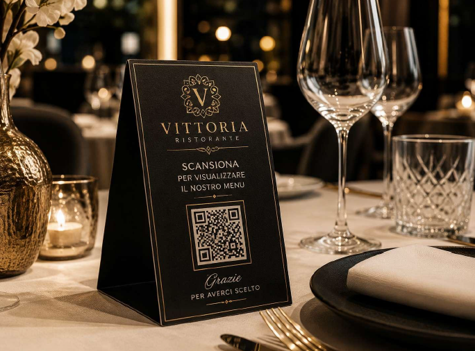 Segnaposto 3D elegante con QR code su tavolo apparecchiato in ristorante di lusso